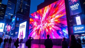 A photograph of a vibrant led display in an urban setting