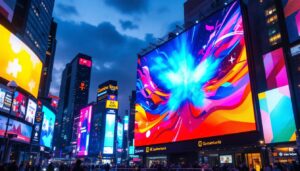 A photograph of a vibrant urban scene featuring a large led display showcasing dynamic digital advertisements
