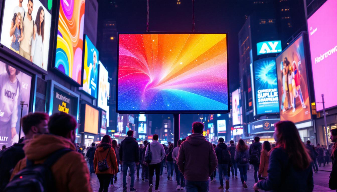 A photograph of a vibrant led display in a bustling urban environment
