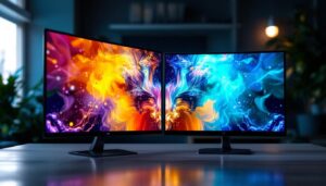 A photograph of a side-by-side comparison of an lcd display and an led display