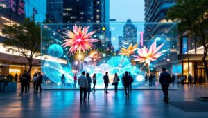 A photograph of a vibrant urban scene featuring a transparent led display integrated into a modern architectural setting