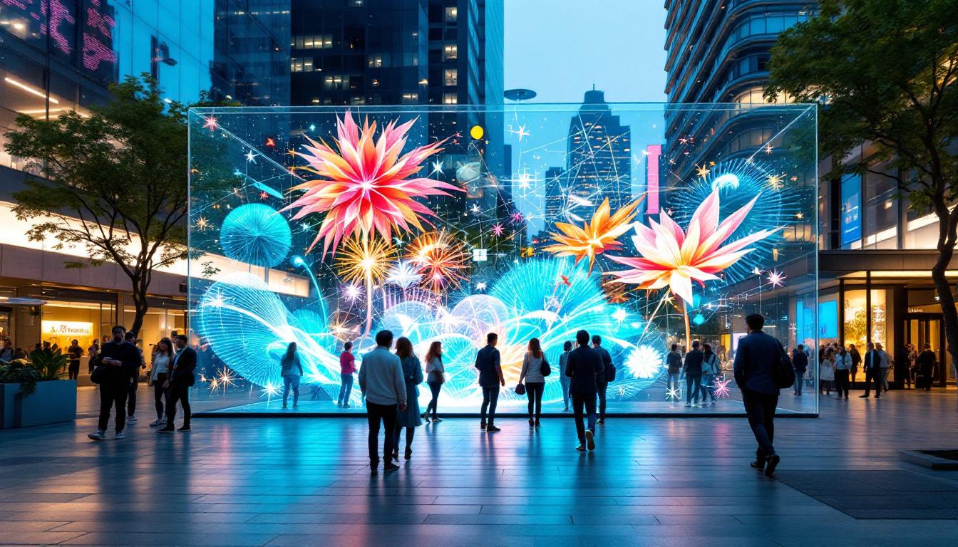 A photograph of a vibrant urban scene featuring a transparent led display integrated into a modern architectural setting