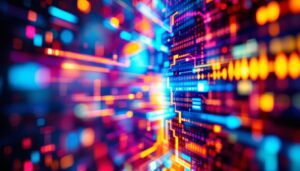 A photograph of a close-up shot of a vibrant led screen displaying dynamic visuals