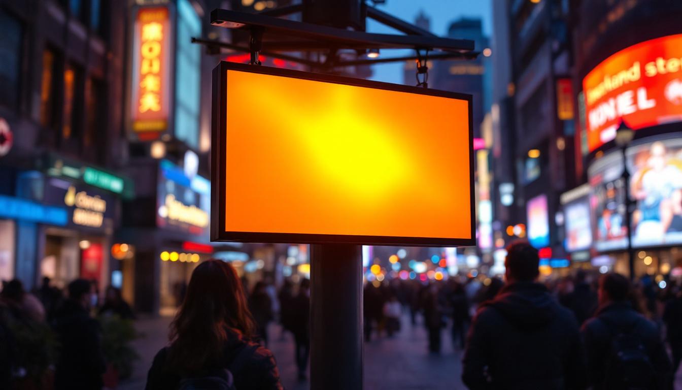 A photograph of capture a photograph of a vibrant outdoor led sign in a bustling urban setting