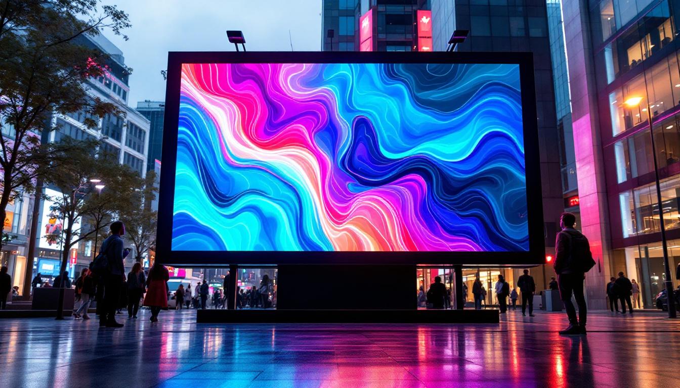 A photograph of a vibrant double-sided led sign in an urban setting