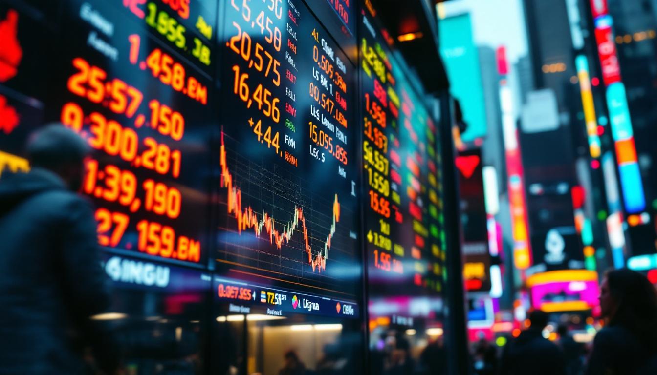 A photograph of a vibrant stock ticker board in a bustling financial district