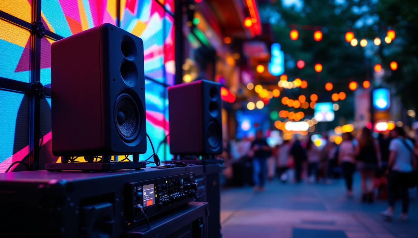 A photograph of capture a photograph of a vibrant outdoor commercial speaker setup in a bustling environment