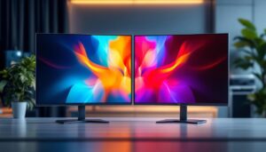 A photograph of a side-by-side comparison of an lcd and an led display showcasing vibrant colors and clarity