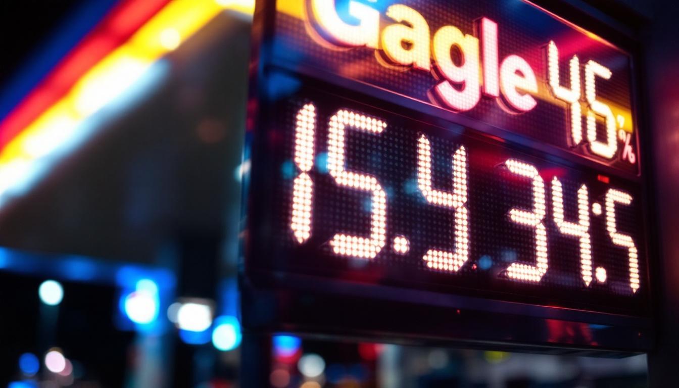 A photograph of a brightly lit gas station sign displaying fluctuating gas prices in vivid led colors