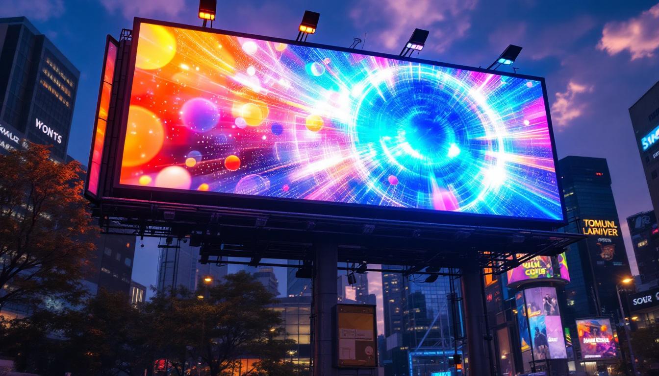 A photograph of a vibrant led billboard displaying an eye-catching advertisement in an urban setting