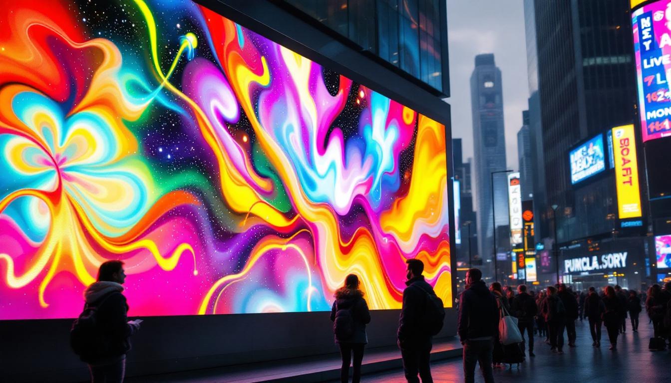 A photograph of a vibrant led display panel in an urban setting