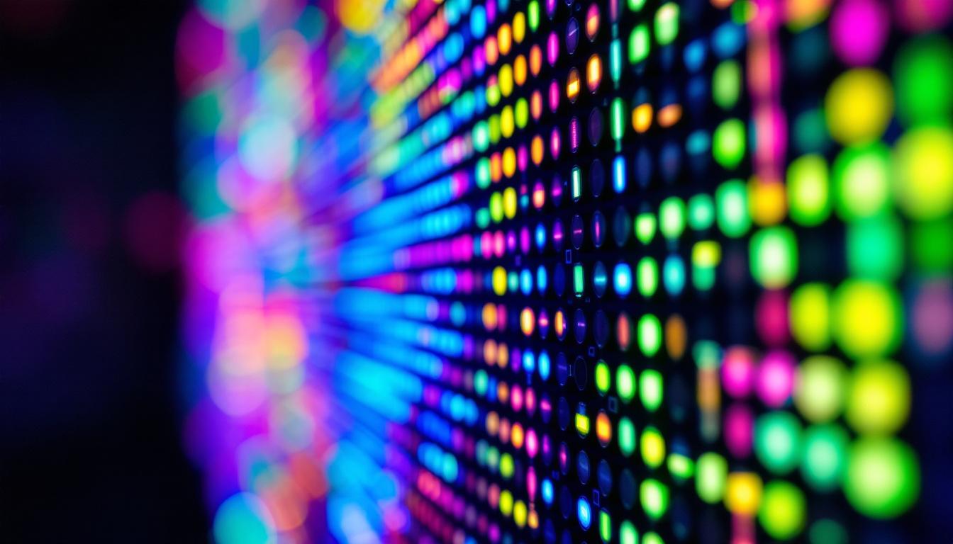A photograph of a close-up of a vibrant led display showcasing dynamic colors and patterns