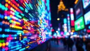A photograph of a close-up of a vibrant led display in a bustling urban environment