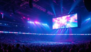 A photograph of a vibrant arena filled with fans