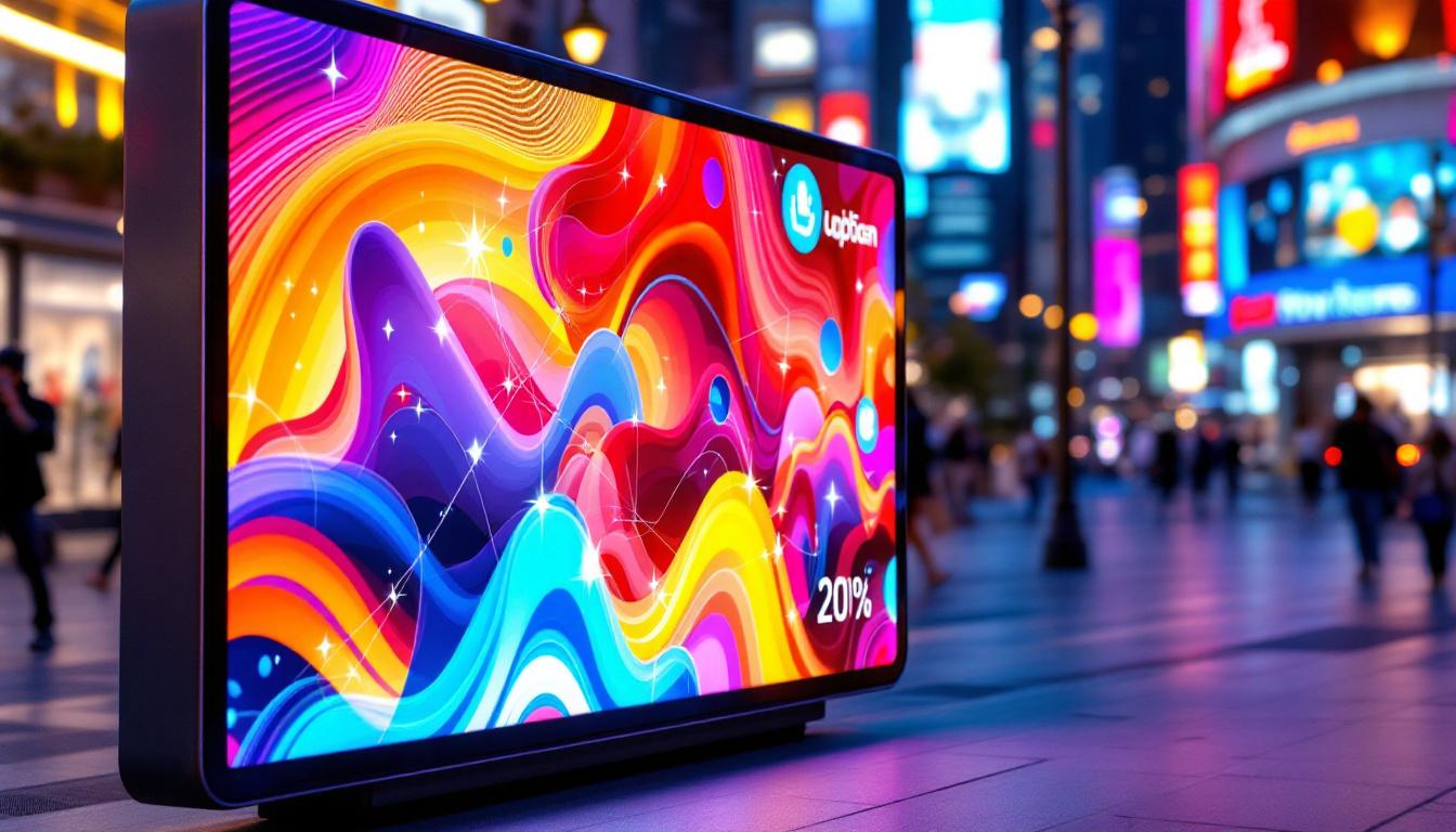 A photograph of a vibrant car advertising screen featuring a dynamic led display in an urban setting