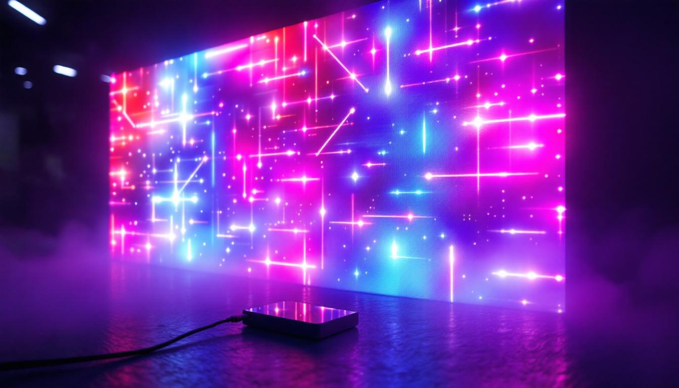 A photograph of a vibrant led display in a dimly lit environment