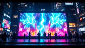 A photograph of a vibrant led display in an urban setting at night