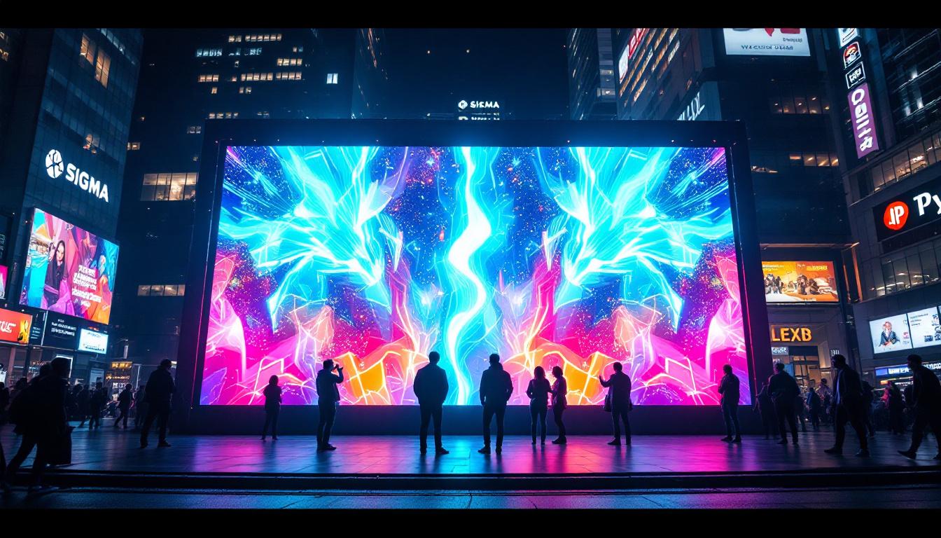 A photograph of a vibrant led display in an urban setting at night
