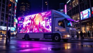 A photograph of a vibrant mobile truck billboard featuring a dynamic led display in an urban setting