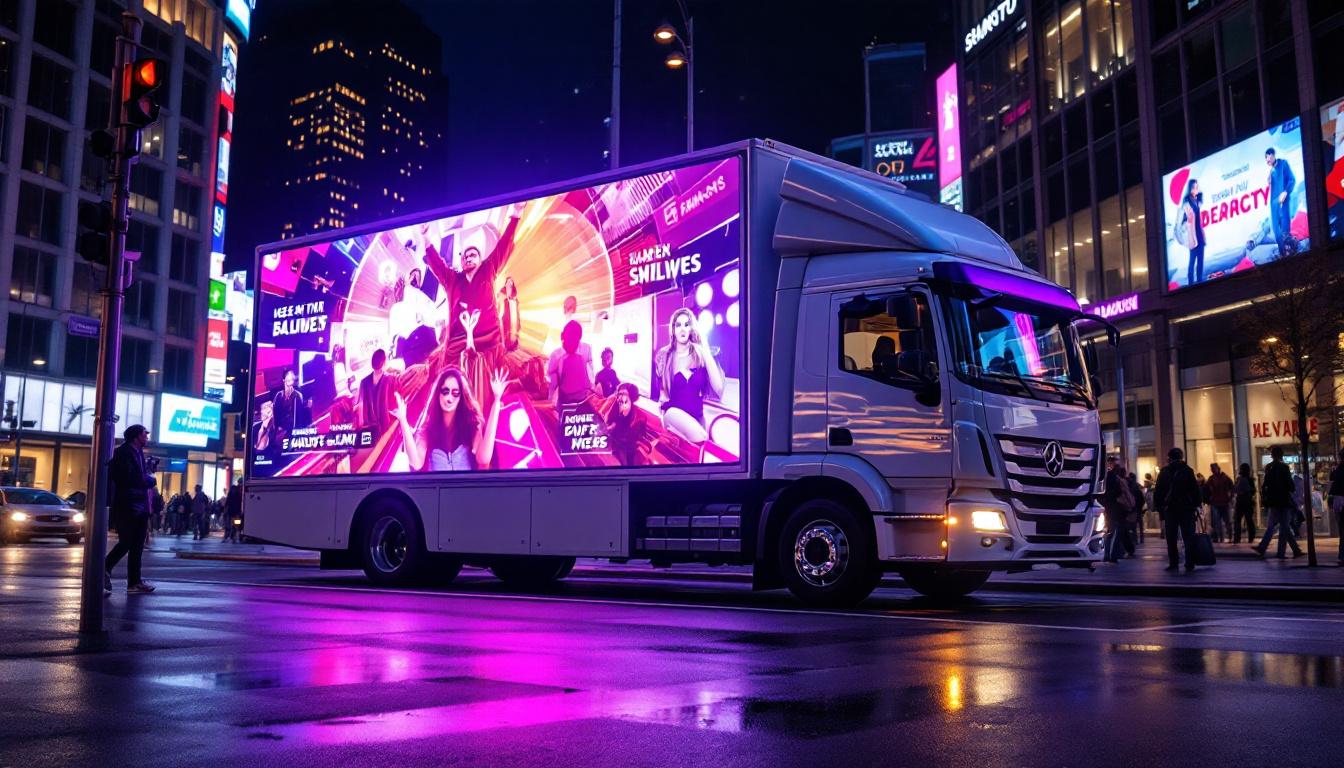 A photograph of a vibrant mobile truck billboard featuring a dynamic led display in an urban setting