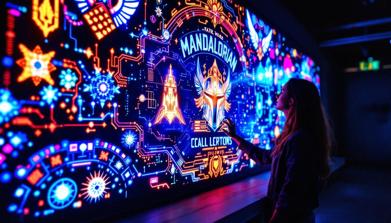 A photograph of capture a photograph of a vibrant mandalorian-themed led wall display