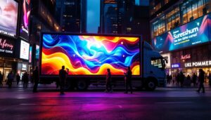 A photograph of a vibrant mobile truck billboard showcasing a dynamic led display in an urban setting