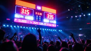 A photograph of a vibrant led scoreboard in action during a live sports event