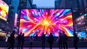 A photograph of a vibrant led display in a dynamic urban setting
