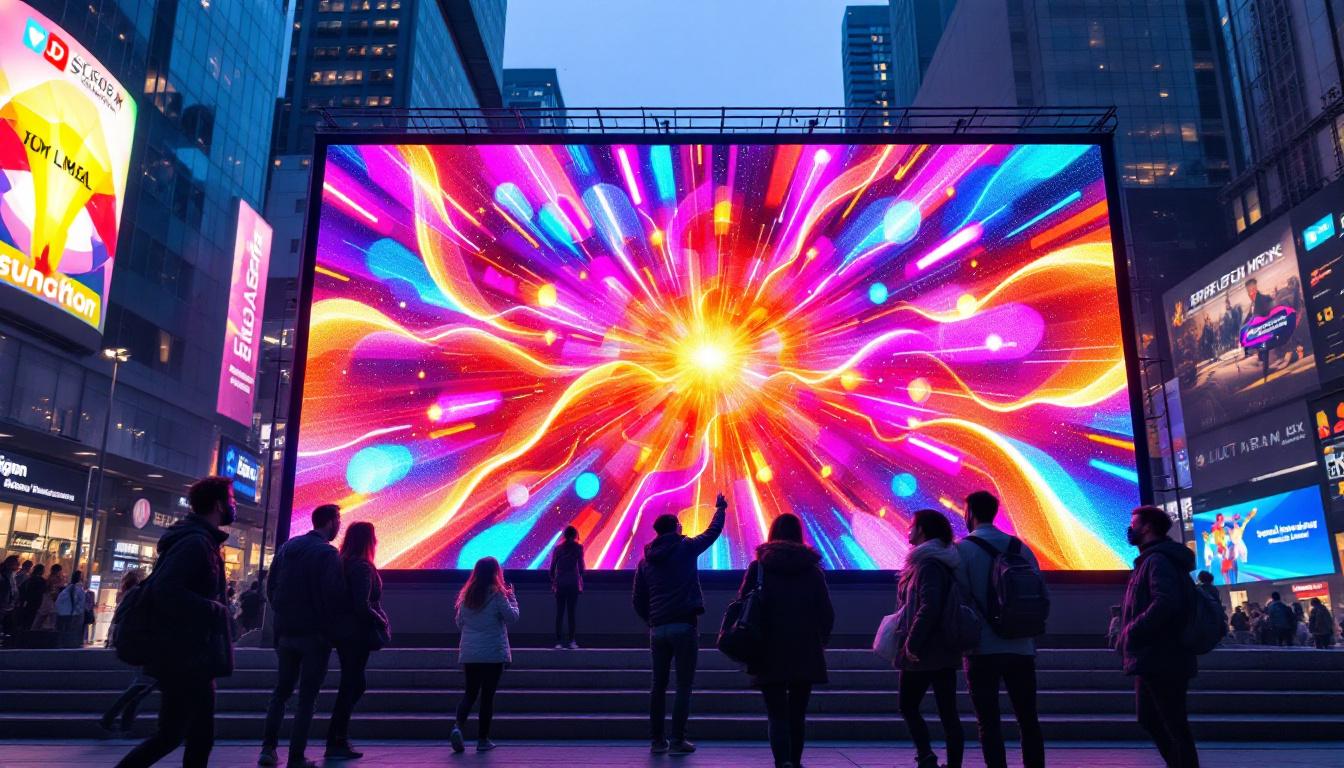 A photograph of a vibrant led display in a dynamic urban setting