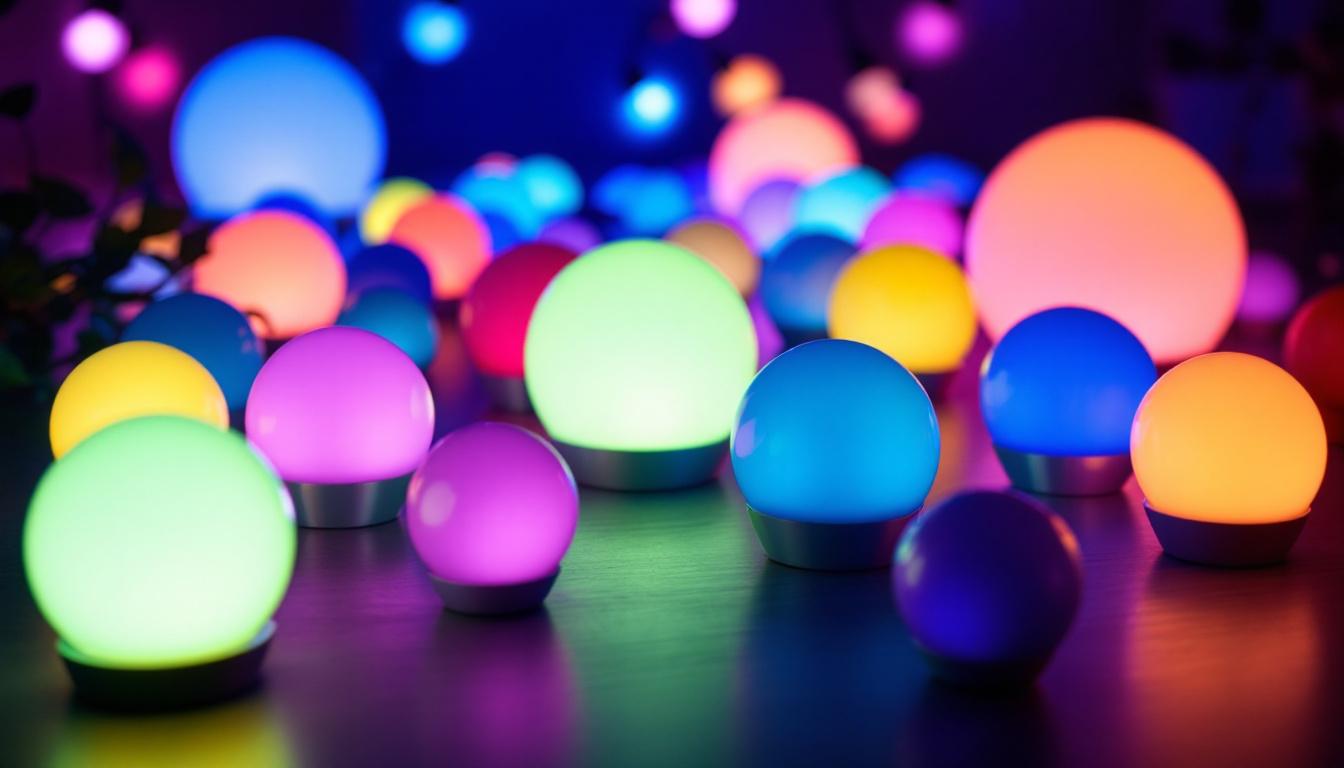 A photograph of a vibrant arrangement of spherical led lights in various colors