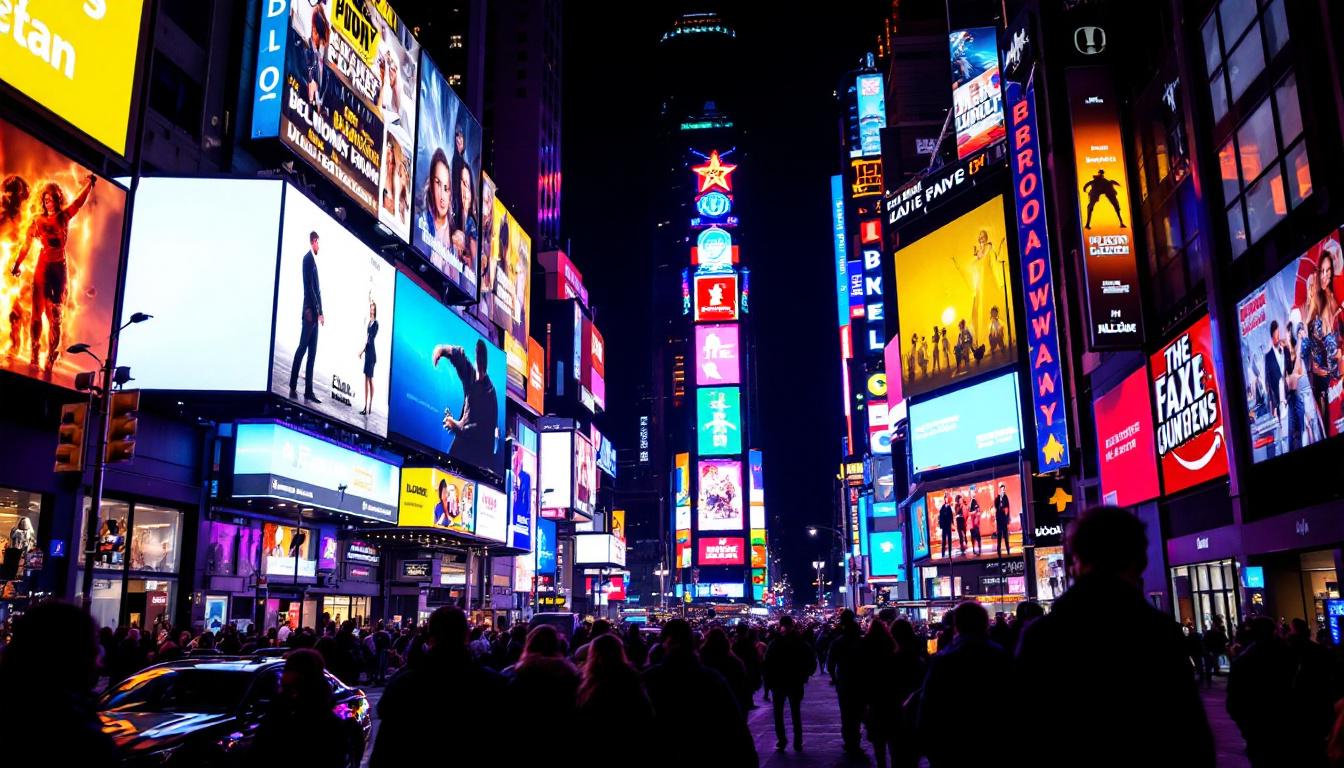 A photograph of capture a photograph of a vibrant broadway street scene at night