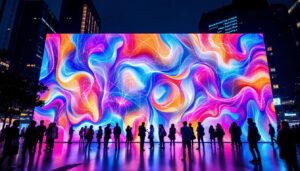 A photograph of a vibrant led display in an urban setting at night