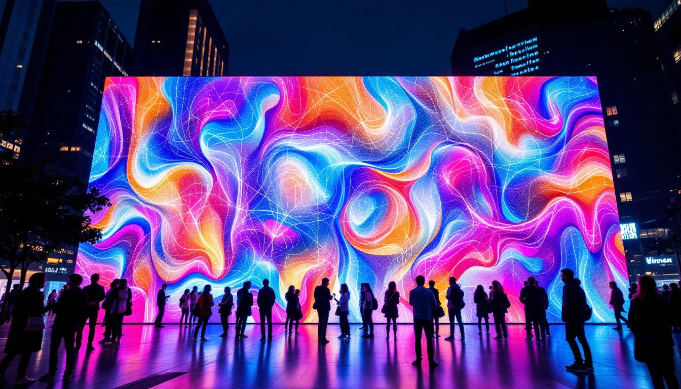 A photograph of a vibrant led display in an urban setting at night