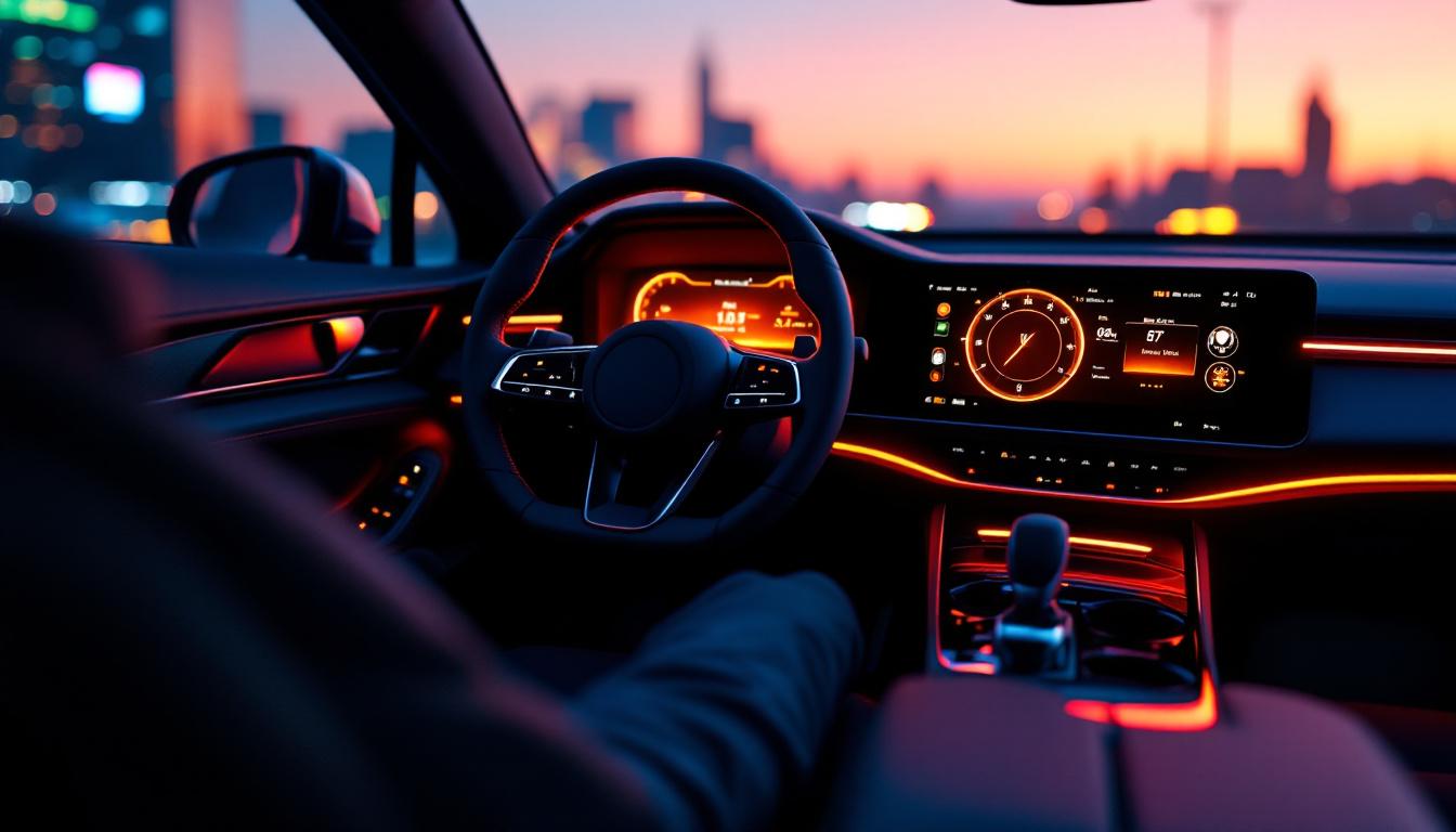 A photograph of a modern car interior featuring a vibrant led display
