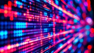 A photograph of a close-up shot of a vibrant led display showcasing dynamic colors and patterns