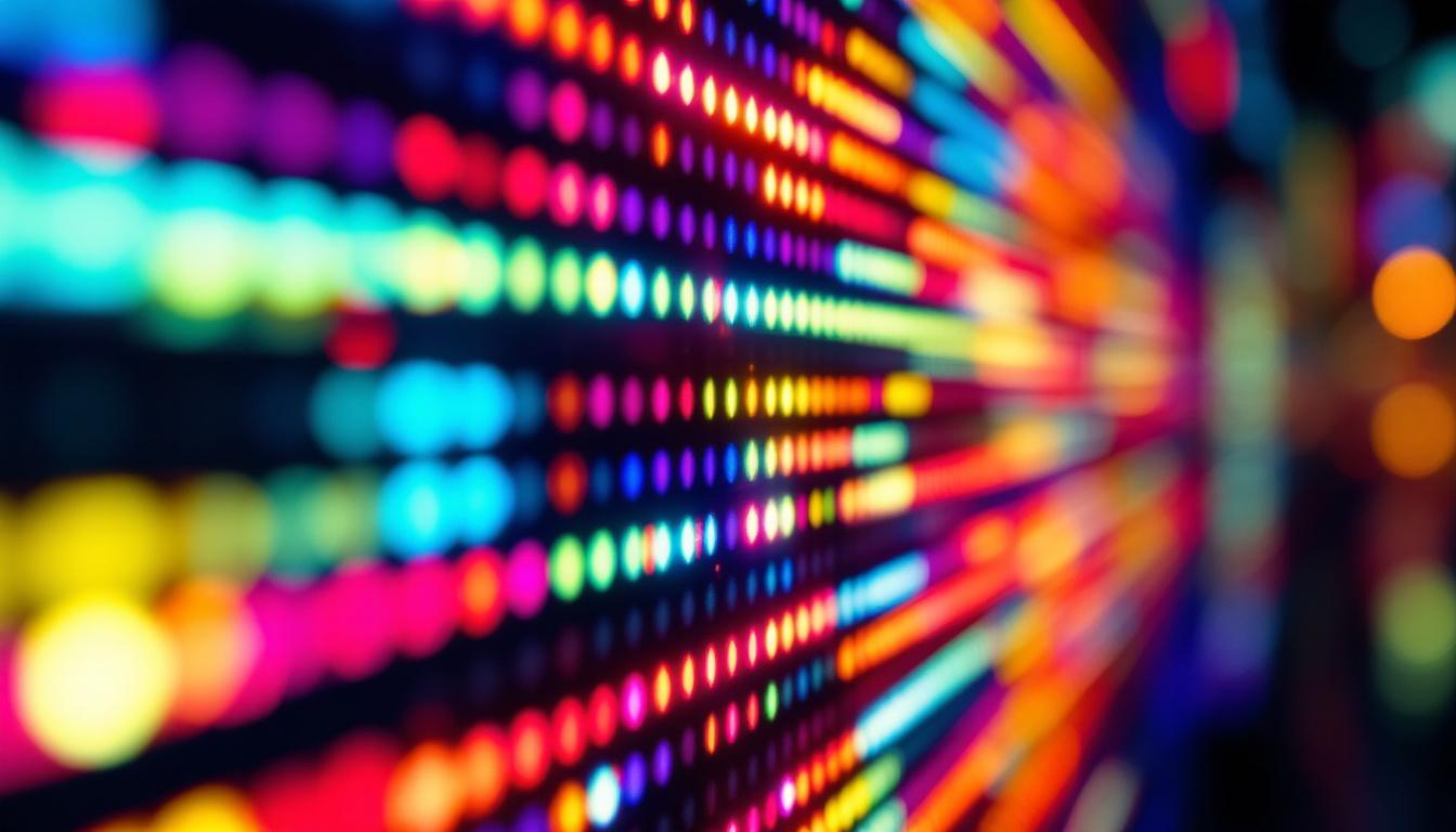 A photograph of a close-up of a vibrant led display showcasing dynamic colors and patterns