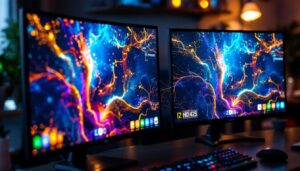 A photograph of a side-by-side comparison of an lcd and an led display
