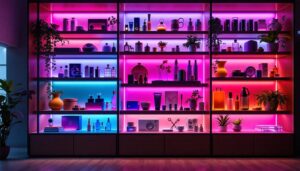 A photograph of a beautifully arranged lighted shelf display featuring various products illuminated by vibrant led lights
