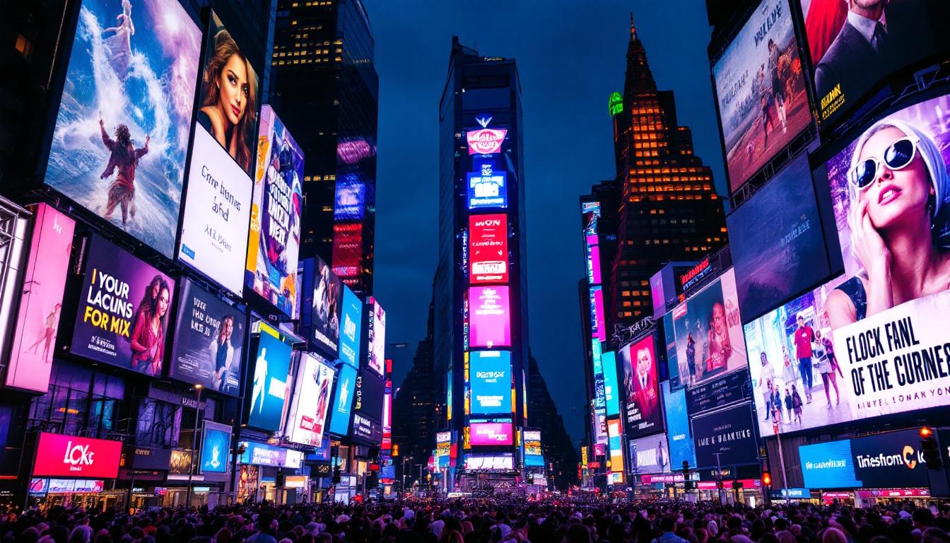 A photograph of capture a photograph of the vibrant led screens in times square at dusk