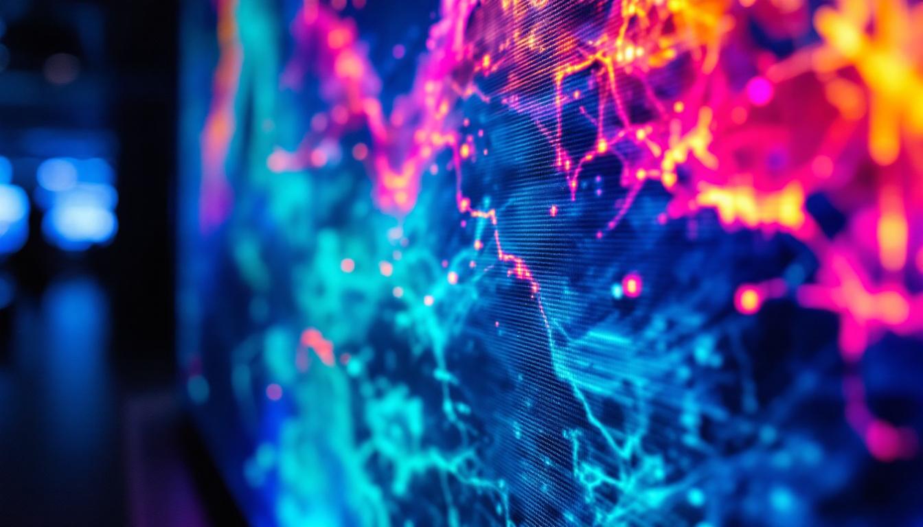 A photograph of a close-up of an led display showcasing vibrant colors and deep blacks