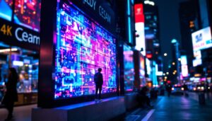 A photograph of capture a photograph of a vibrant led display in a dynamic urban setting