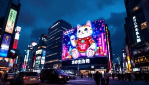 A photograph of capture a photograph of the vibrant led cat billboard in tokyo