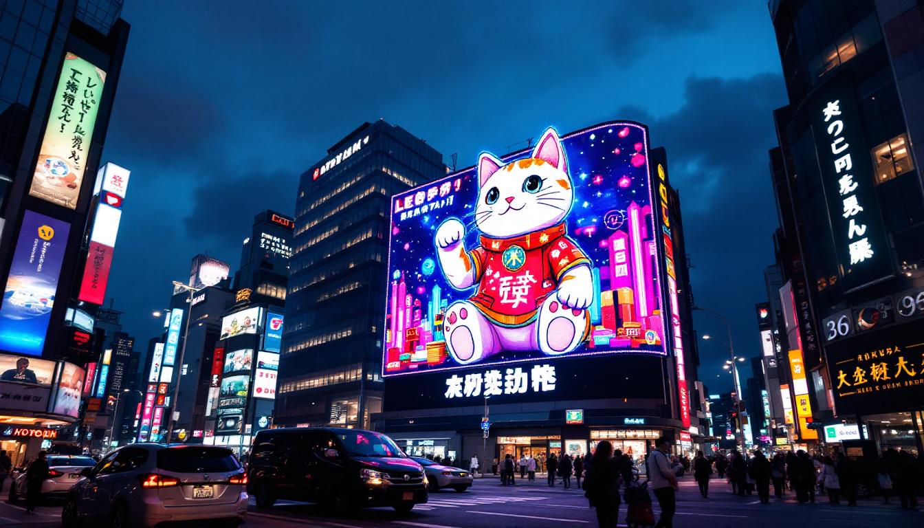 A photograph of capture a photograph of the vibrant led cat billboard in tokyo