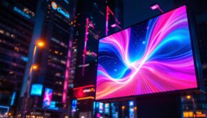 A photograph of a vibrant digital billboard displaying dynamic led advertisements in an urban setting