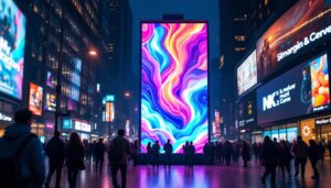 A photograph of a vibrant led video banner in a bustling urban setting