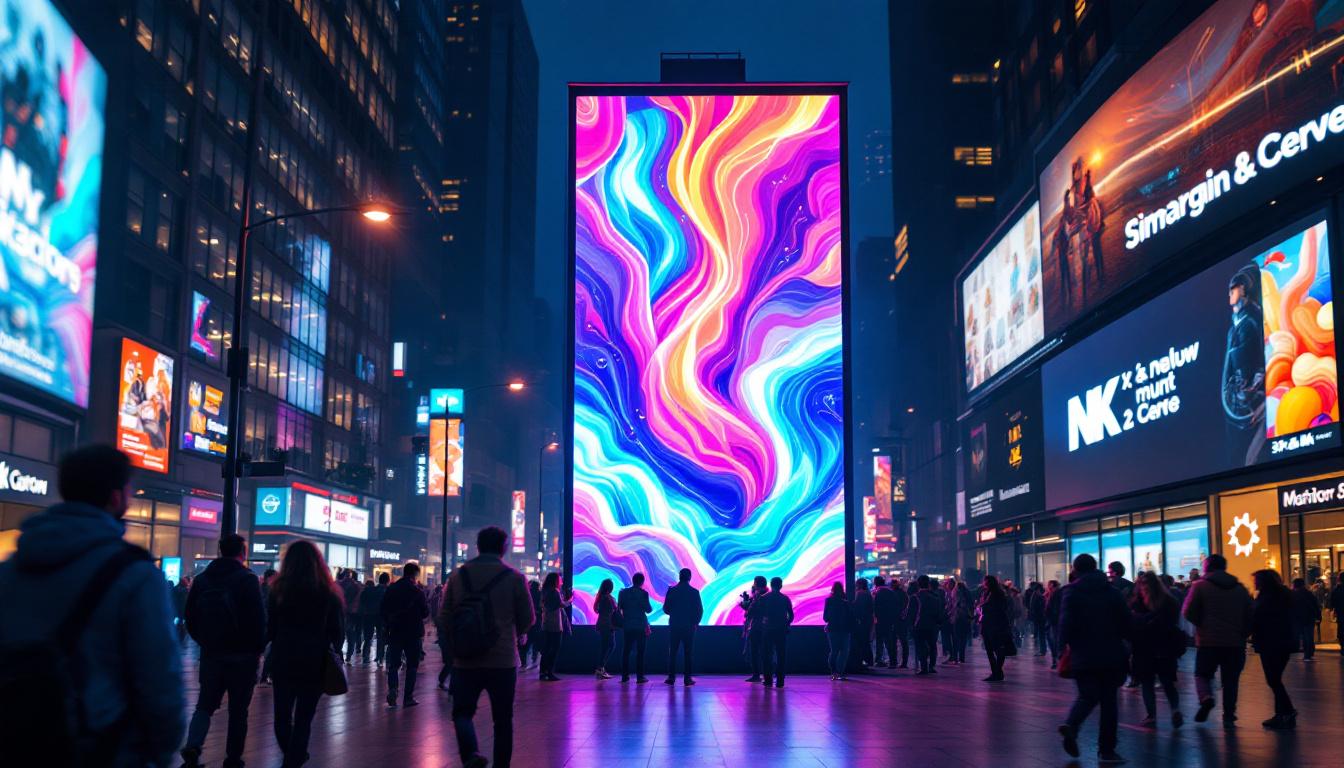 A photograph of a vibrant led video banner in a bustling urban setting