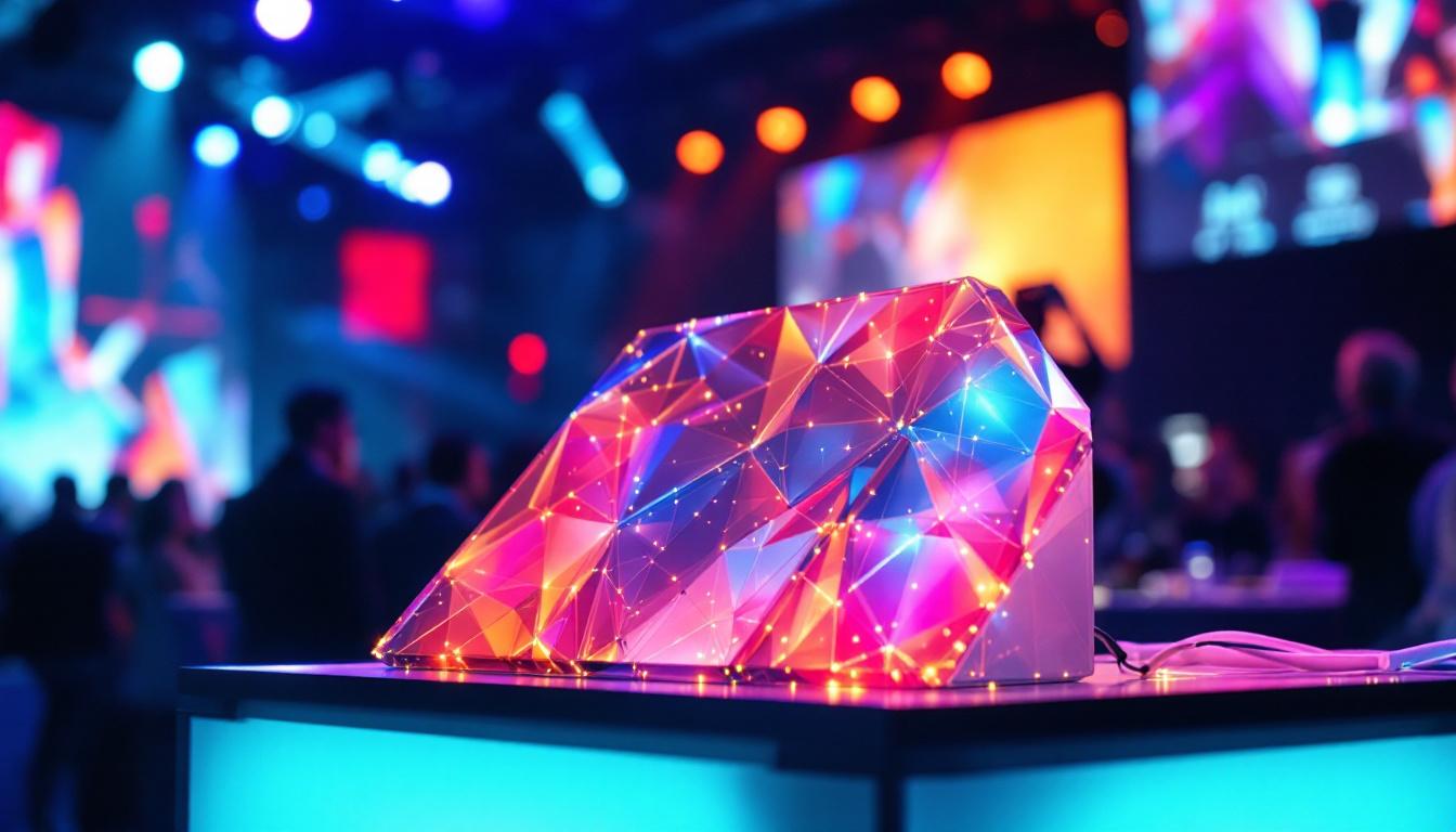 A photograph of capture a photograph of a vibrant led podium display in action during an event