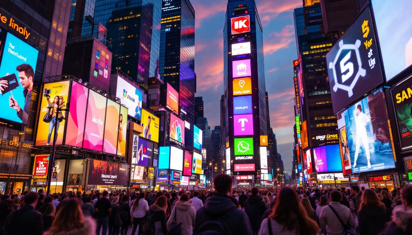 A photograph of capture a photograph of a bustling times square scene at dusk