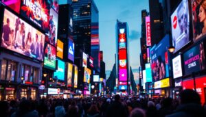 A photograph of capture a photograph of a vibrant times square scene at dusk