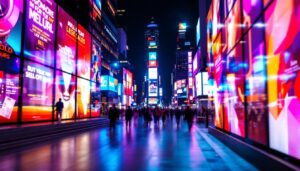 A photograph of a vibrant led display showcasing dynamic square advertisements in an urban setting